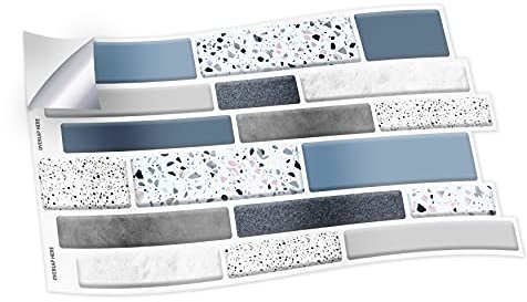 WALPLUS Terrazzo Wandfliesenaufkleber, 28,5 x 14 cm, 12 Stück, silberfarbene Oberfläche, blaue und graue MosaikWandfliesenAufkleber, Vinyl, Heimdekoration, Spritzschutz für Küche, Badezimmer,