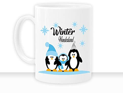 Tasse fröhlichen Weihnachten Weihnachtstasse Pinguine Winter Wonderland Schnee Wichtel Kaffeebecher bedruckte Tasse