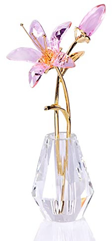Figura Floral de Cristal Con Jarrón - Regalo Coleccionable para Mujeres, Lirio Con Tallo de Metal para Decoración del Hogar, Boda, Fiesta (Rosa)