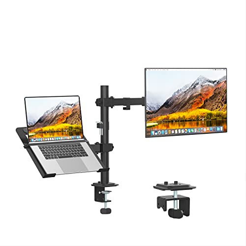 UPGRAVITY Soporte para monitor y laptop, brazo para monitor con bandeja para laptop para pantallas LCD de 13 a 27 pulgadas y portátiles de hasta 17 pulgadas, soporte de montaje totalmente ajustable
