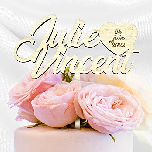Topper de gâteau prénoms personnalisés avec coeur en bois, cake topper, décoration, mariage champêtre, amour