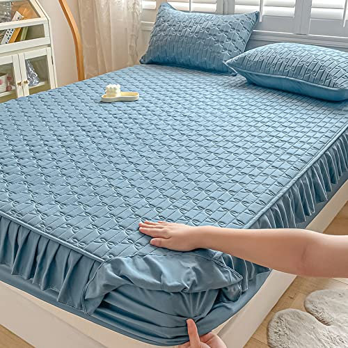 Boxspringbett oder Topper Schleife blau 150 x 200 cm, Steppbett Rock Volant Tagesdecke, Matratzenschoner Bettwäsche mit Kissenbezügen Damen Schlafzimmer Apartment für Mädchen