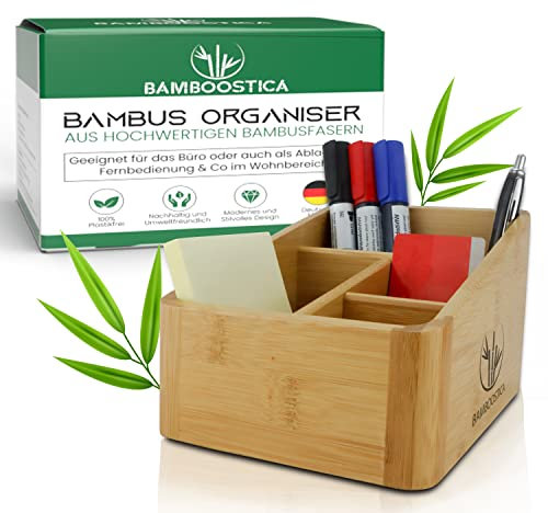 BAMBOOSTICA | Nachhaltiger Schreibtisch-Organizer aus Bambus | Stiftehalter, Aufbewahrungsbox, Stiftebox, Schreibtischablage | Organiser für Homeoffice, Wohnzimmer, Badezimmer
