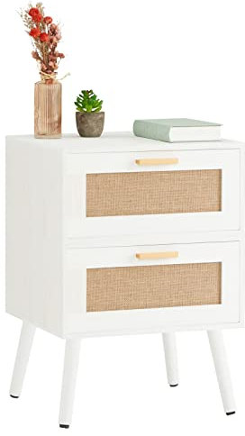 CARO-Möbel Nachttisch WAMAN mit 2 Schubladen, Nachtkommode aus Paulownia Holz und Jute Geflecht, Nachtschrank im Retro Design in weiß, Boho Style