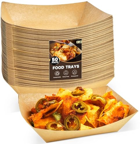 ZORRITA 3 Lb Paper Food Trays - 50 Pack Disposable Nacho Trays, Kraft Paper Food Boats Taco Holders Party Serving Baskets for Hot Dogs Snacks Tacos Fries