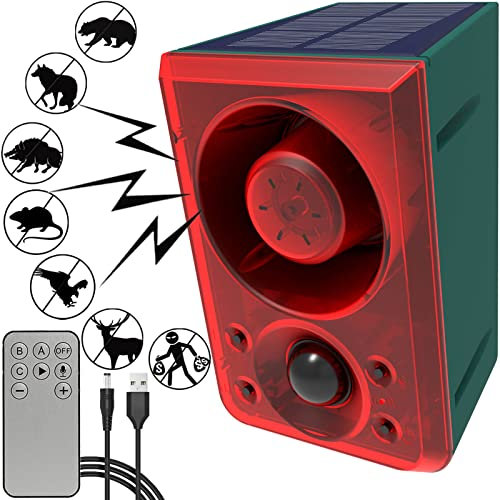 SENKEFEI SS Solar Outdoor Motion Sensor Alarm - Dog Barking & Gunshot Sound 130db Motion Detector Alarm Light,with Remote Controller for Home, Villa,Yard,Chicken coop,Farm,Barn, ZFD-11N-01, Green&red