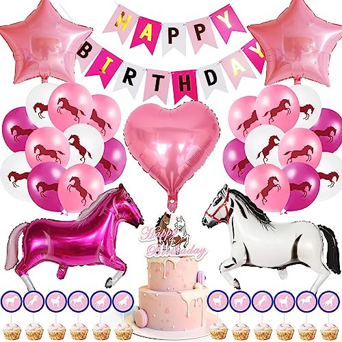 SWOKKTS Neu Pferde Geburtstagsdeko Jungen Mädchen, Hübsch Pferde Deko Kindergeburtstag, Luftballons Deko Geburtstag Set, Pferde Tortendeko Geburtstag mit HAPPY BIRTHDAY Banner (Rosa Pferd)