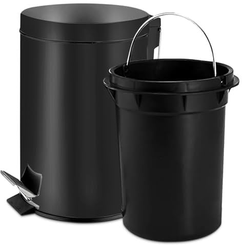 TIENDA EURASIA - Papelera de Baño con Pedal, Papelera Oficina con Cubo Extraible, Papelera Escritorio Fabricada en Acero Inoxidable, Papelera de 3l, Cubo de Basura de ø17 x 25 cm (Negro)