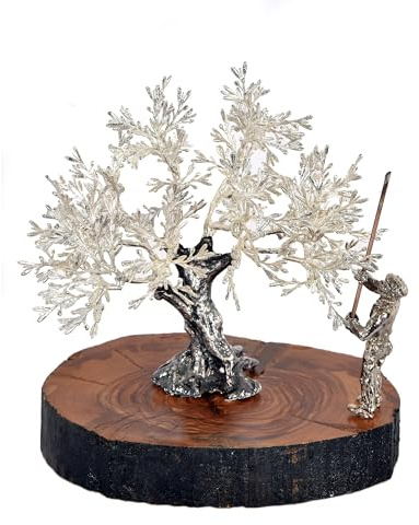 Escultura Olivo con Vareador Plateada sobre Madera Centenaria | 17x18 cm | Escultura artesanal que representa el vareo sobre una base de olivo centenario.