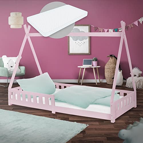 ML-Design Kinderbett Tipi 90x200 cm Rosa mit Matratze H:16cm, Rausfallschutz & Lattenrost, aus Kiefernholz, Indianer Bett für Mädchen/Jungen, Hausbett mit Zaun, Bodenbett Jugendbett Spielbett Holzbett