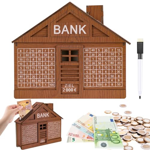 Kkluno Spardose Holz, Sparbox mit Zahlen, Geldbox, Sparbox mit Zahlen Ankreuzen mit Zähler, Sparschwein mit Sparziel €2,000 Euro, Verwendbares Geldkassetten für Kinder und Erwachsene