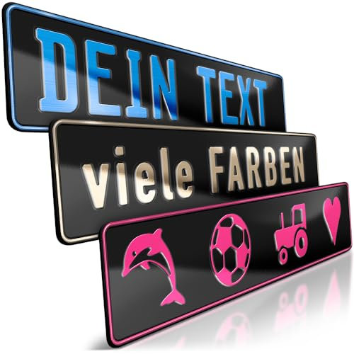 schildEVO 1 Fun-Schild geprägt | Schwarz Glanz mit Wunschtext bis zu 16 Zeichen | Aluminium Namensschild | Individuelles Fun-Kennzeichen | Bohrlöcher & Saugnäpfe