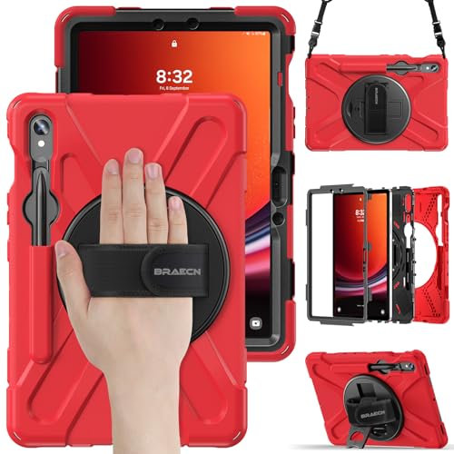 BRAECN Rugged Case for Samsung Galaxy Tab S10 Lite/S10 FE 2025 & S9 FE/S9/S8/S7 10.9/11 Inch | Shockproof Protective Silicone Cover with Rotating Stand, Kickstand, Shoulder Strap & Pen Holder, Red