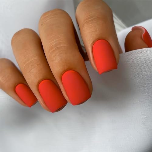 Faux Ongles Court MouyouGlow,Carré L'orange Unicolore Maté Press on Nails avec Colle à Ongles,Orange Matt Acryl Fake Nails