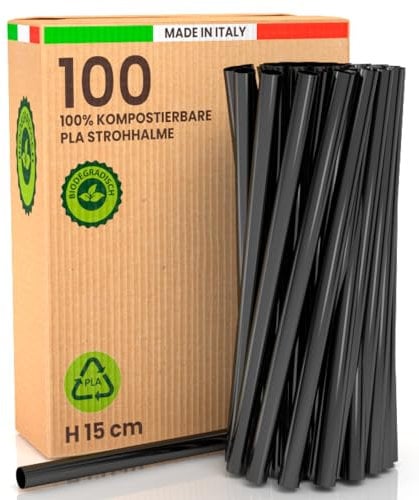 100 ökologische 100% starre Bioplastik Jumbo Strohhalme - 15cm x 8mm biologisch abbaubar kompostierbar wiederverwendbar Made in Italy - Ideal für Getränke Cocktails Events und Partys - Farbe Schwarz