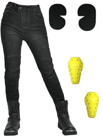 HOMDECR Pantalones De Moto para Mujer, Vaqueros De Motociclista Elástico Carreras Senderismo Pantalones con Bolsillos Y 4 Almohadillas Protectoras Desmontables (Negro,S)
