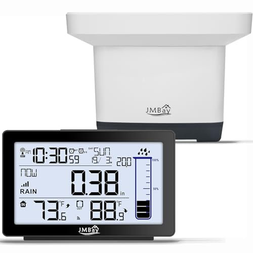 Pluviometro wireless per esterni, pluviometro digitale per esterni, migliore valutazione con termometro, accurato misuratore di pioggia autosvuotante per giardino, contatore elettronico a distanza,