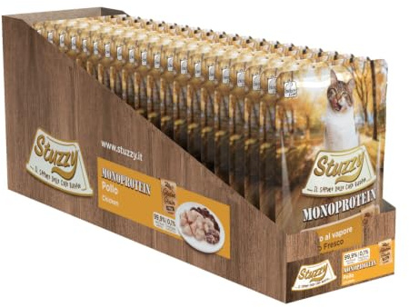 Stuzzy, Monoprotein, Getreide- und Glutenfrei, Vollwertige Feuchtnahrung für Erwachsene Katzen mit Hähnchen, in Paté - (20 Beutel à 85 g)