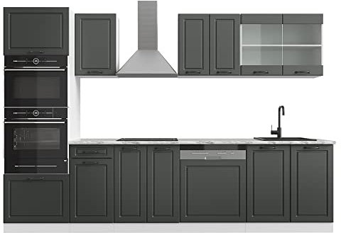 Vicco Küchenzeile R-Line, Anthrazit Landhaus/Weiß, 300 cm mit Hochschrank, AP Anthrazit