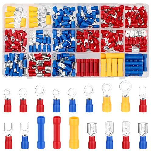 300 Stück Kabelschuhe set, Flachsteckhülsen Sortiment 0,5-6,0mm²， KFZ Quetschverbinder Set mit Isolierhülsen, Ringkabelschuhe Flachstecker Gabelkabelschuhe Set aus verzinnten messingeinsätzen