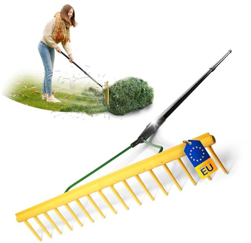 Novatool Gartenrechen mit Abziehkante, 16 Zinken und Teleskop-Stiel bis 152cm, Arbeitsbreite 64,5 cm, Rechen aus Kunststoff und Metall, Laubsammler für den Garten, Laubrechen, Rasenrechen, Gelb