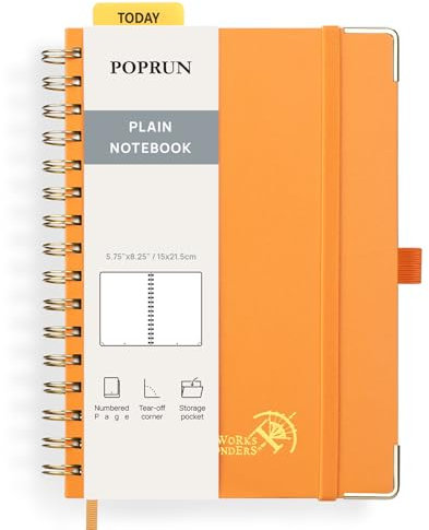POPRUN Taccuino Bianco a Spirale, Quaderno A5 con Copertina Rigida, 141 Pagine Numerate e 8 Fogli Staccabili, Carta Spessa 120 GSM, Arancione (OR)