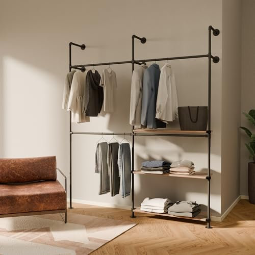 pamo Kleiderstange Wandmontage 360 kg Traglast - offener Kleiderschrank industrial schwarz aus Metall Wasserrohren mit Böden aus massiver Eiche