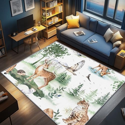 AevuCub Waldtiere Deko, Hirsch Igel Eule Luchs Teppich 100x150 Kurzflor, Teppich Wohnzimmer Kinder, Weich rutschfest Waschbare Teppiche, Bettvorleger Schlafzimmer Kinderzimmer
