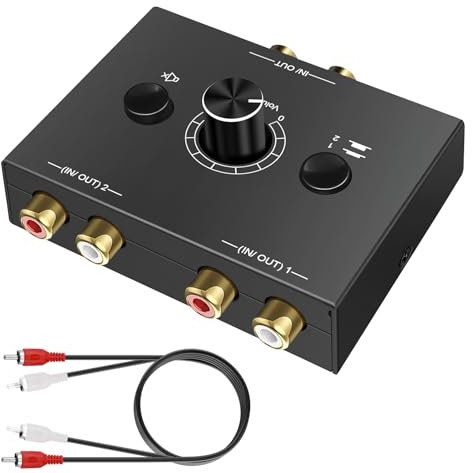 RCA Audio Switcher 2(1)-In-1(2)-Out, No External Power Required, Bidirectional Stereo Speaker Splitter Converter Switch Box with One-Key Mute Button, Plug & Play for CD Player/Record Player/Speaker