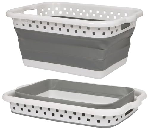 Harbour Housewares 42L Collapsible Laundry Basket - White/Grey - 1x Large Plastic Foldable Folding Pop Up Space Saving Washing Storage Clothes Container Organiser Hamper Bin with Handles