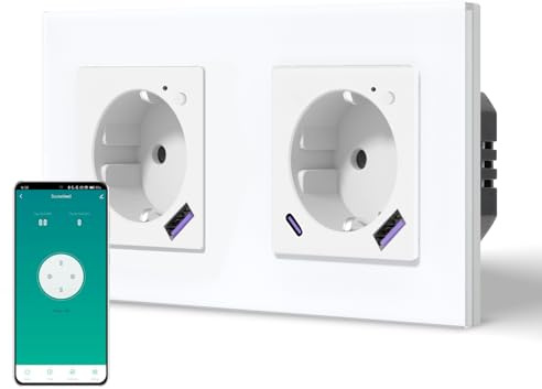BSEED WLAN Steckdose 20W USB C Schnellladen, Smart Unterputz Steckdose aus Glas mit Strommessung, Arbeit mit Alexa/Google Home, Smart Life APP-Steuerung, 2 Fach, Weiß