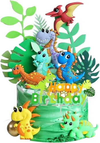 15 piezas de decoración para tartas de cumpleaños infantiles, decoración de tartas con dinosaurios de dibujos animados, decoración con hojas, carteles para tartas de cumpleaños infantiles