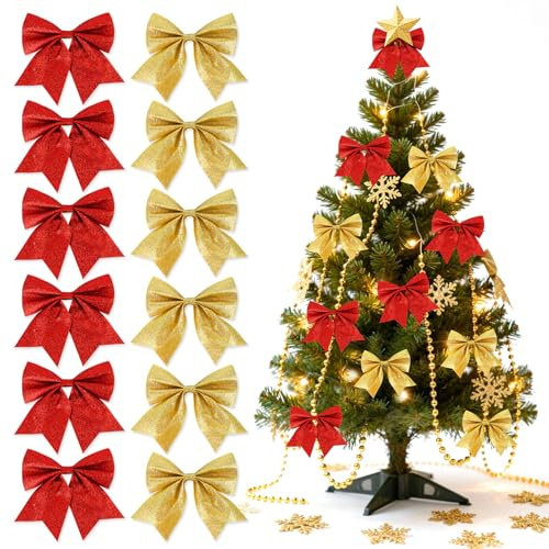 TIECHI 12 Pcs Christmas Tree Bows, 5.9In Large Glitter Decorative Bow, Gold and Red Bow for Christmas Tree Decorations, Wreath Garland, Xmas Ornaments