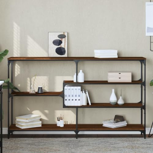 Stylish Console Table Brown Oak Look 160x32x95 cm with Metal Frame & Adjustable Legs, Durable Engineered Wood Hallway Sofa Table for Living Room Entryway, Spacious Storage Shelf & Industrial Design
