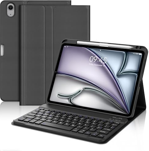 Keyboard Case for iPad Air 11 Inch (M4 2026, M3 2025, M2 2024), UK Layout Wireless Detachable Bluetooth Keyboard with Slim Cover and Pencil Holder for iPad Air 10.9 Inch (5th Gen, 4th Gen), Black