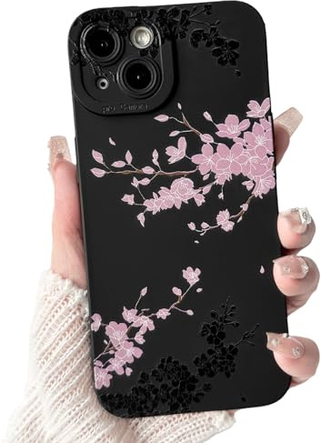 NITITOP Cover per iPhone 14 Carina Fiore Ciliegio, Nero Rosa | per Ragazze Femminile, Motivo Floreale di Grazioso Sakura, Custodia In Silicone Resistente Antiurto, Protezione Fotocamera