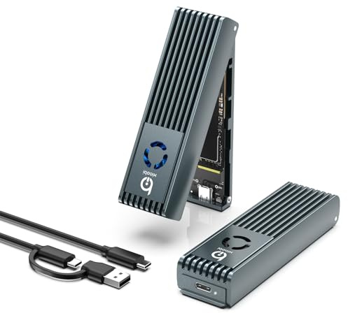 NVMe Enclosure with Cooling Fan, Full Aluminum Alloy (Gery) | Sandwich Style Design, USB 3.2 Gen 2 PCIe Adapter for M & M+B Key NVMe/SATA M.2 SSD Case for 2230/2242/2260/2280