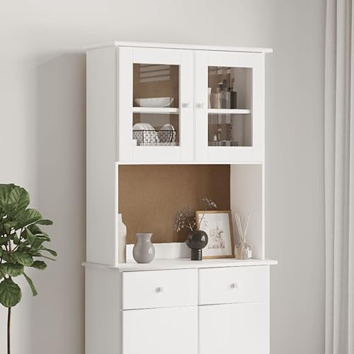 GeenYuu ALTA Sideboard-Aufsatz Weiß 77x30x92 cm, Massivholz Kiefer, mit Glastüren, für Kommode Anrichte Vitrine, langlebig