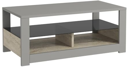 Hanah Home Modern Coffee Table with Glass Shelf, Grey & Travertine, 90 x 37 x 45 cm | 100% Melamine Coated Particle Board, 18 mm Thick | Wall-Mountable Design