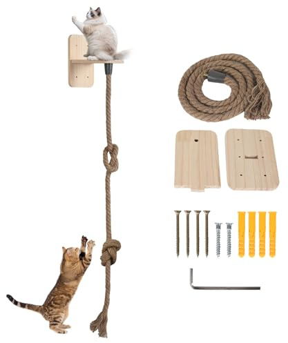 Cat Climbing Rope, 59 Natural Hemp Cat Climbing Rope with Heavy Duty Hook, Wall Mounted Scratching & Play Rope for Indoor/Outdoor Use (1.5M)