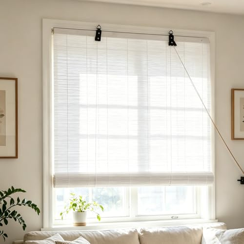 Bambusrollo für Fenster 120x200cm Weiß Sichtschutz Sonnenschutzrollo | Bambusvorhang Seitenzugrollo Raffrollo Lichtfilter Atmungsaktiv UV-Schutz Bambus Jalousie für Balkon,Innen-Außenbereich