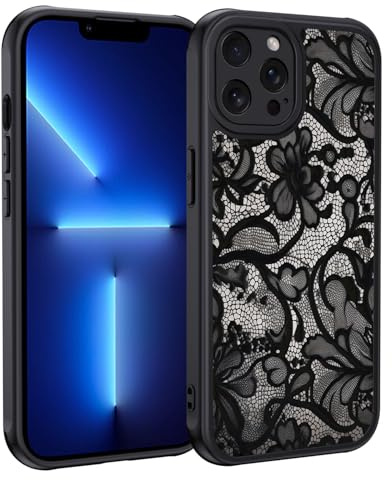 XTCASE für iPhone 13 Pro Max Hülle, Aesthetic Spitze Vintage Muster Frauen Mädchen Case Matt Handyhülle Kratzfeste PC Rückseite + TPU Bumper - Schwarz
