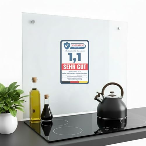 Melko Küchenrückwand Spritzschutz Herd 90x55 cm 6 mm ESG-Glas Klarglas | hitzebeständig, nanobeschichtet, polierte Kanten, inkl. Edelstahl-Befestigung, Dübel und Schrauben, 4 Bohrungen Ø 8 mm