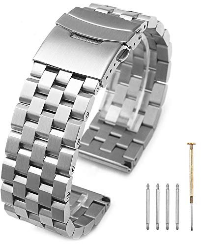 Kai Tian 20mm Armbanduhr silbernes Armband Band Bügel Wiedereinbau Ingenieur Edelstahl Uhrenarmband für Damen Herren Einsatz Wölbungs Doppelt-Verschlüsse 5 Reihen-Metallbügel