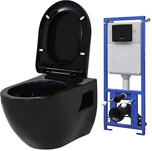 vidaXL Hänge Toilette mit Unterputzspülkasten Spülkasten Absenkautomatik Soft Close Sitz Wand Spülkasten WC Vorwandelement Keramik Schwarz