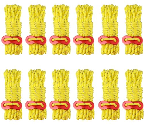 Azarxis 4mm Leuchtend Reflektierend Abspannseile Seil 400cm mit Seilspanner für Tarp Zelt Camping Wandern (Gelb - 12 Stück)