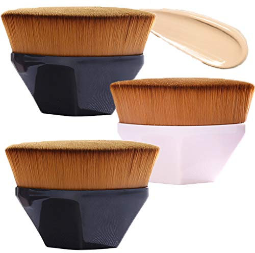 LABOTA 3 Stück Foundation Pinsel Make-up Pinsel Kabuki Flat Top Gesicht Pinsel Groove Design Blush Pinsel zum Mischen von Flüssigkeit, Concealer Premium,Creme(2Schwarz +1Pinke)