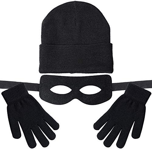 BETESSIN Dieb Kostüm Set - inkl. Beanie Strickmütze, Augenmaske, Handschuhe - Räuber und Einbrecher Kostüm Zubehör für Kinder und Erwachsene zu Karneval, Fasching, Fastnacht, Gangster-Mottoparty usw.