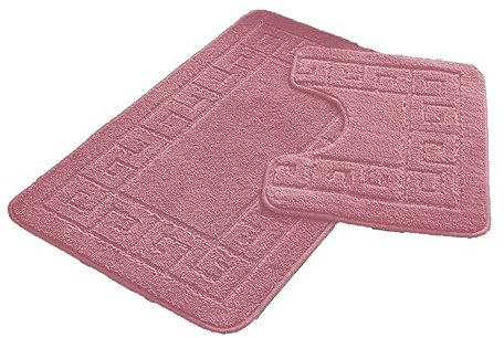 FAIRWAYUK Bathroom Mats Sets 2 Pieces, Ultra Plush Greek Pattern Bath Toilet Mat Anti Slip Pedestal Set, Extra Absorbent 100% Polypropylene Rug, Bathroom Accessory (Dusty Pink)