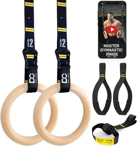 Double Circle Holz Turnringe mit verstellbaren Straps und Übungs Video Anleitung - Gym Turnringe Holz - Full Body Workout, Calisthenics, Gym (Verschiedene Größen) (Ringe+Gurte+Anker+Beingurt)